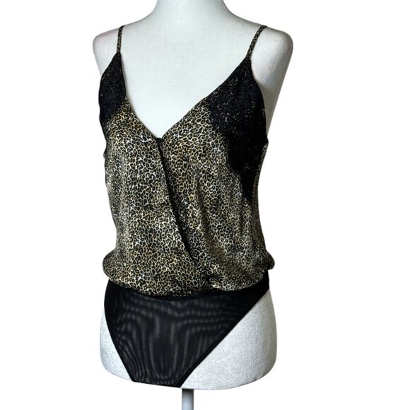 SOCIALITE Size XS Black Leopard Print Spaghetti Strap Bodysuit Stretch Mesh Back - Picture 2 of 11